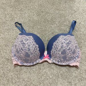Victorias Secret Bra Size 34D Dream Angels Push Up Blue Pink Lace Bow Padded